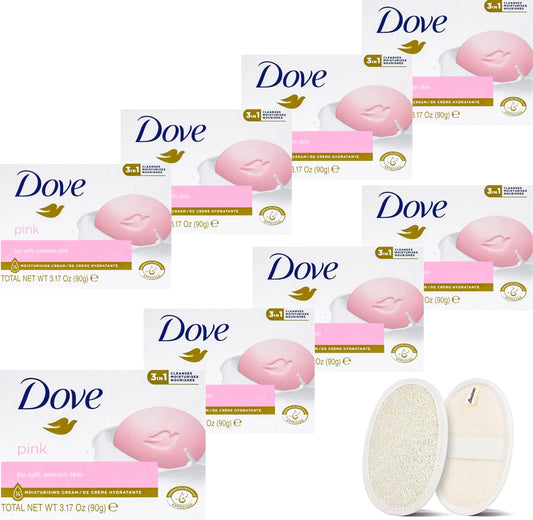 BASICOS Dove Beauty Bar Soap for Washing Hands and Body, Mild for Skin, Bulk Pack of 8 Bars- 3.15 Ouce Each. Plus 1 Loofah Sponge Pad (Pink)