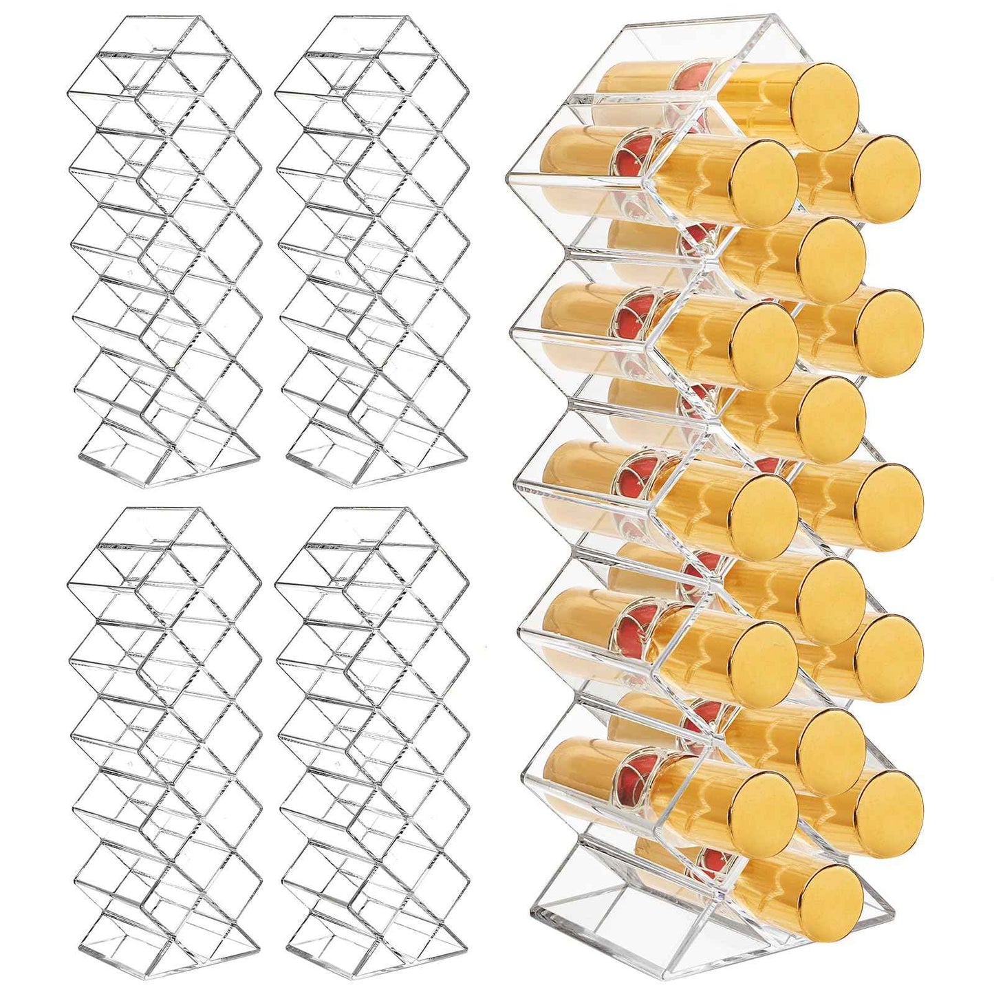 Cedilis 4 Pack Acrylic Lipstick Holder Organizer, 64 Slot Clear Lip Gloss Storage Organizer, Fish Shape Lipstick Display Stand Tower for Cosmetic Makeup and Dresser Display
