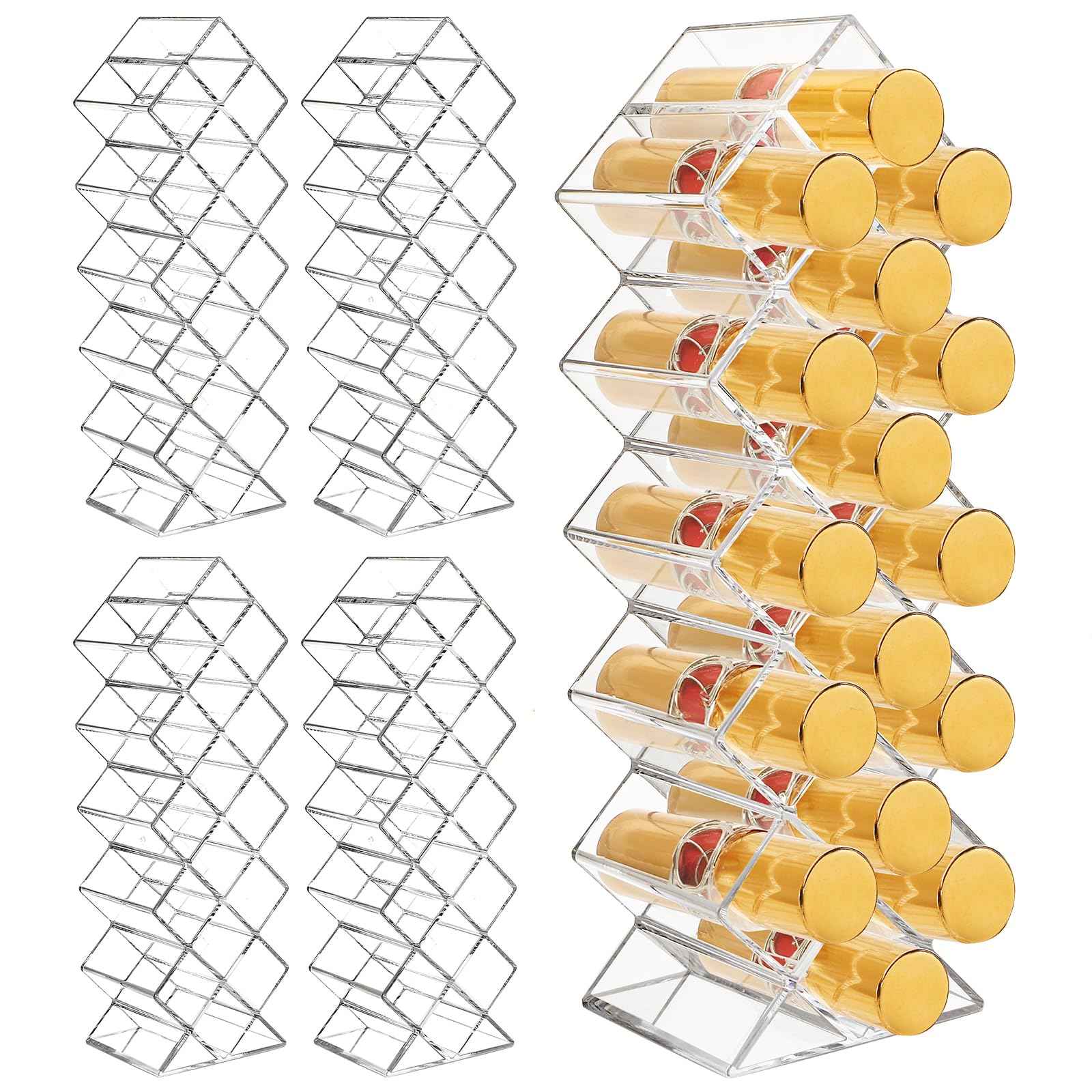 Cedilis 4 Pack Acrylic Lipstick Holder Organizer, 64 Slot Clear Lip Gloss Storage Organizer, Fish Shape Lipstick Display Stand Tower for Cosmetic Makeup and Dresser Display