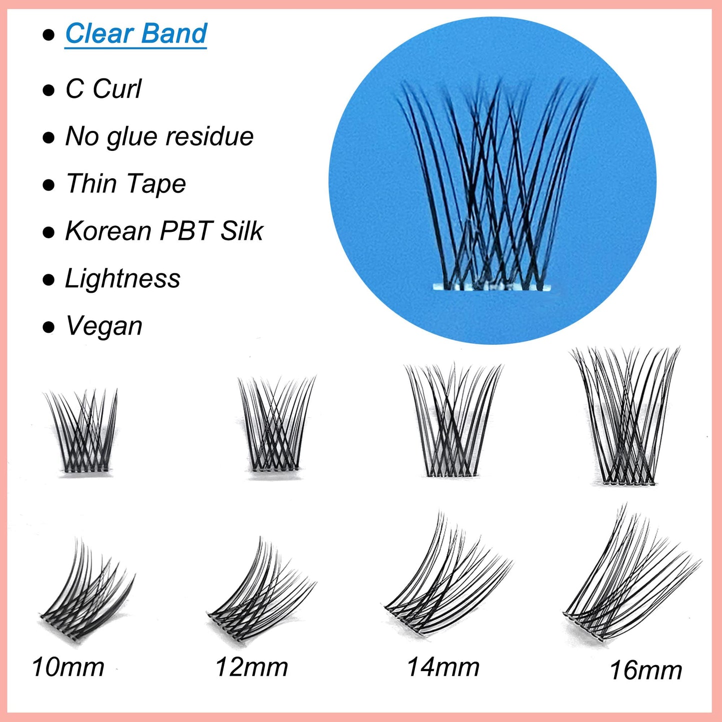 Clear Band Lashes Clusters DIY Eyelash Extension Ninglash C Curl BW03 Lashes, 96 Pcs Individual Lash Extensions, Soft Natural Lightweight 10/12/14/16mm Mix Resuale Eyelash Cluster Lashes for Home use