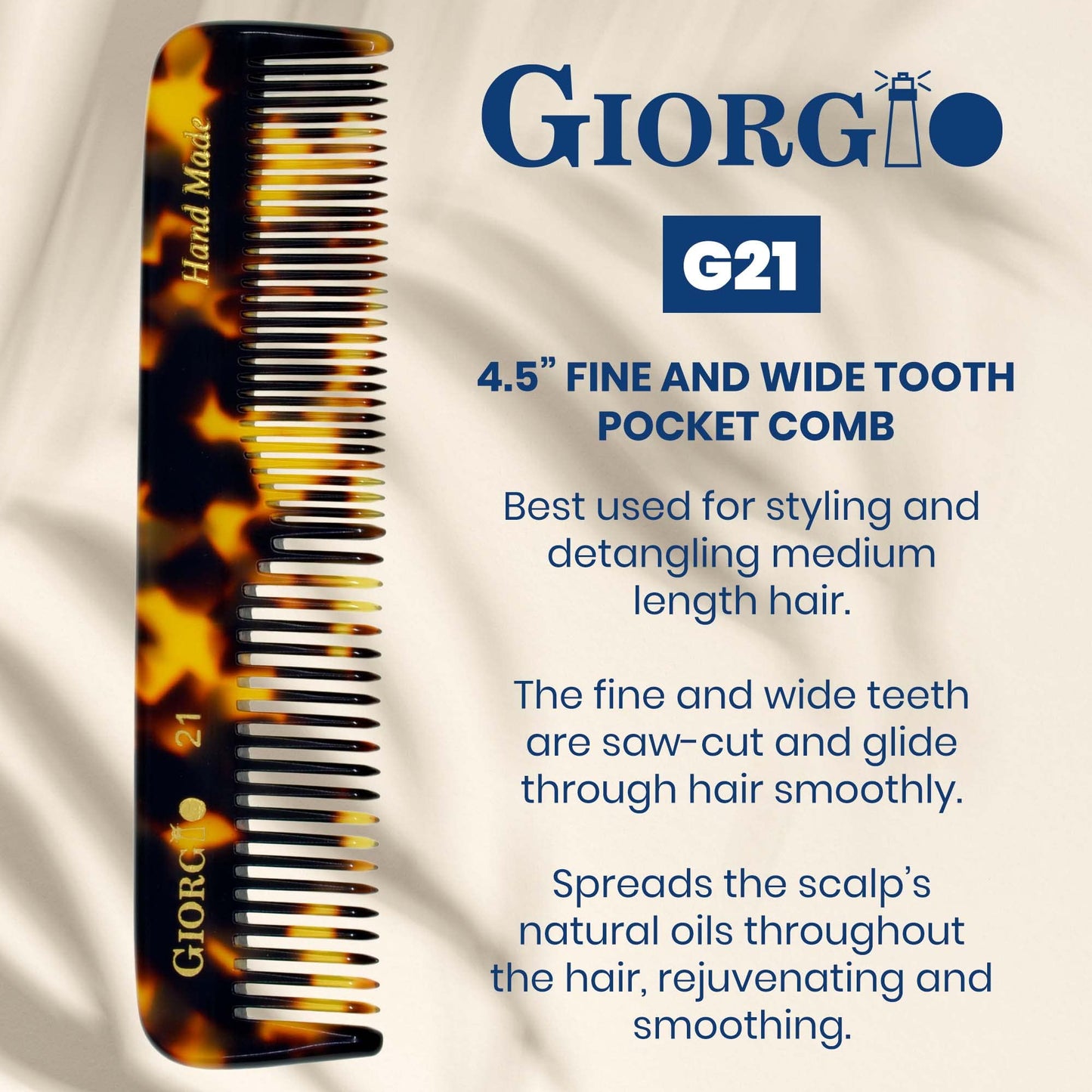 Giorgio G21 Fine and Wide Tooth Pocket Comb - Handmade Styling and Grooming Comb for Hair, Beard, Mustache for Men and Women - Saw Cut, Polished Travel Comb