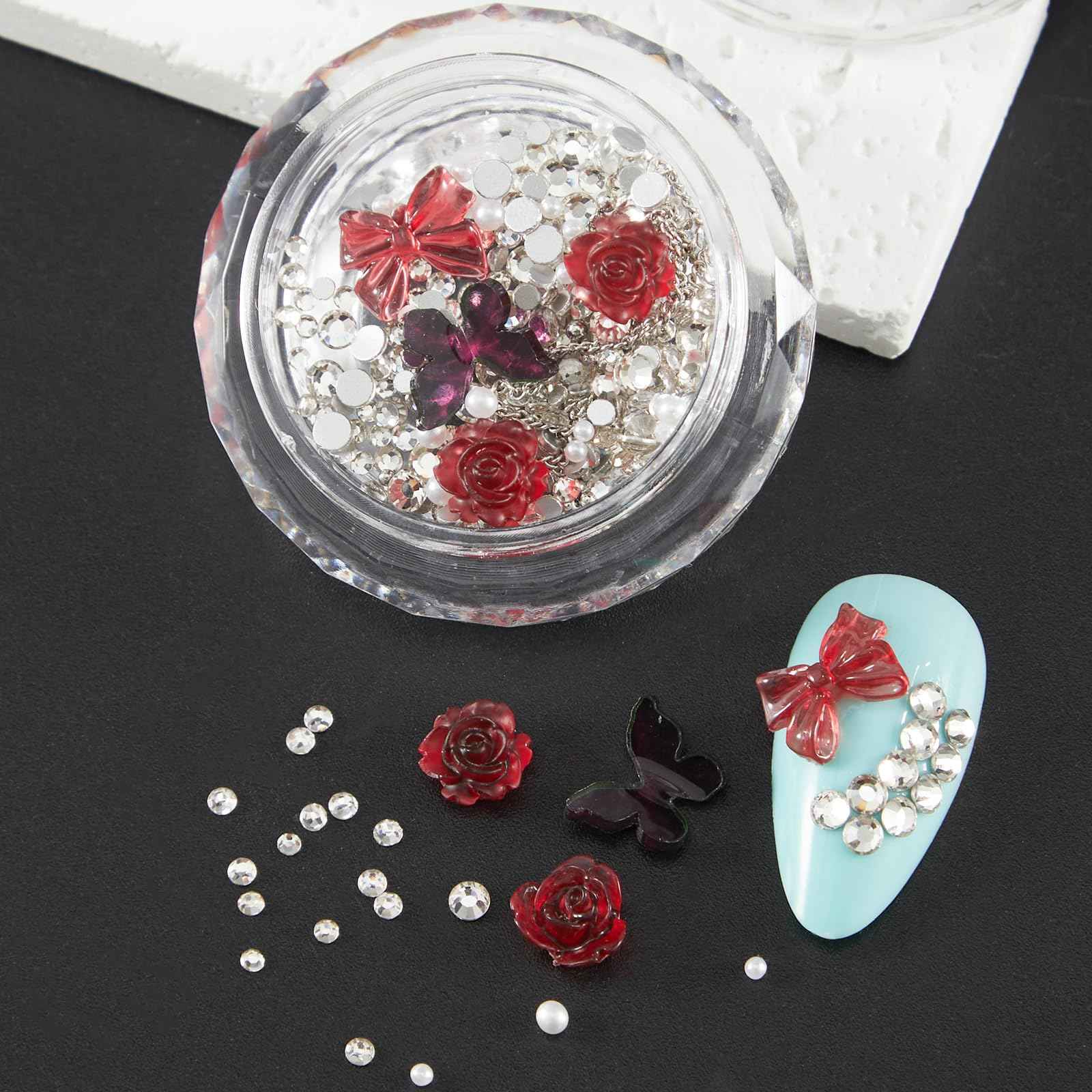 SILPECWEE 6 Boxes Nail Rhinestones and Charms, 3D Flower Butterfly Bow Nail Art Charms Nail Gems Diamond Pearls Glass Crystal Clear Silver Caviar Beads Metal Nail Chain Nail Jewelry Decoration