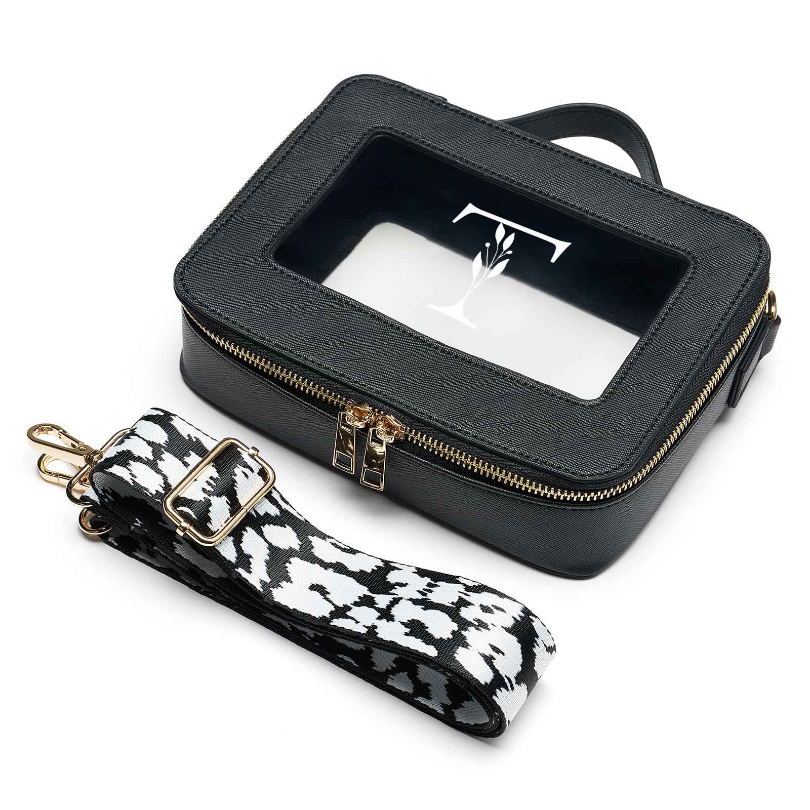 Clear Crossbody Shoulder Purse Bag with Adjustable Strap for Stadium Events Sports Concert, Personalized Initial Makeup Toiletry Pouch, Monogram Birthday Gift for Women Mom Friends Sister, Letter T