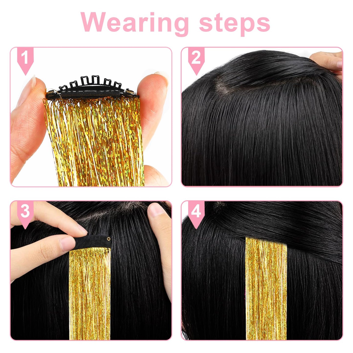 LOMIMOS 12pcs Colorful Hair Tinsel Clip, Sparkle Shiny Highlight Synthetic Extension Strand with Clip On Hair for Party Dazzle Christmas New Year Halloween Festival Cosplay Women Girl Kid 19.7”