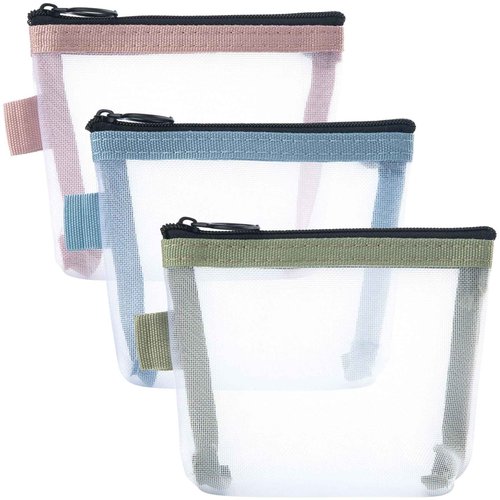 BEIQIYA 3pcs Mini Mesh Bag with Zipper, Small Clear Nylon Makeup Bags, Portable Travel Cosmetic Pouch Purse for Lipstick Coin Keys Cards- Blue & Pink & Green
