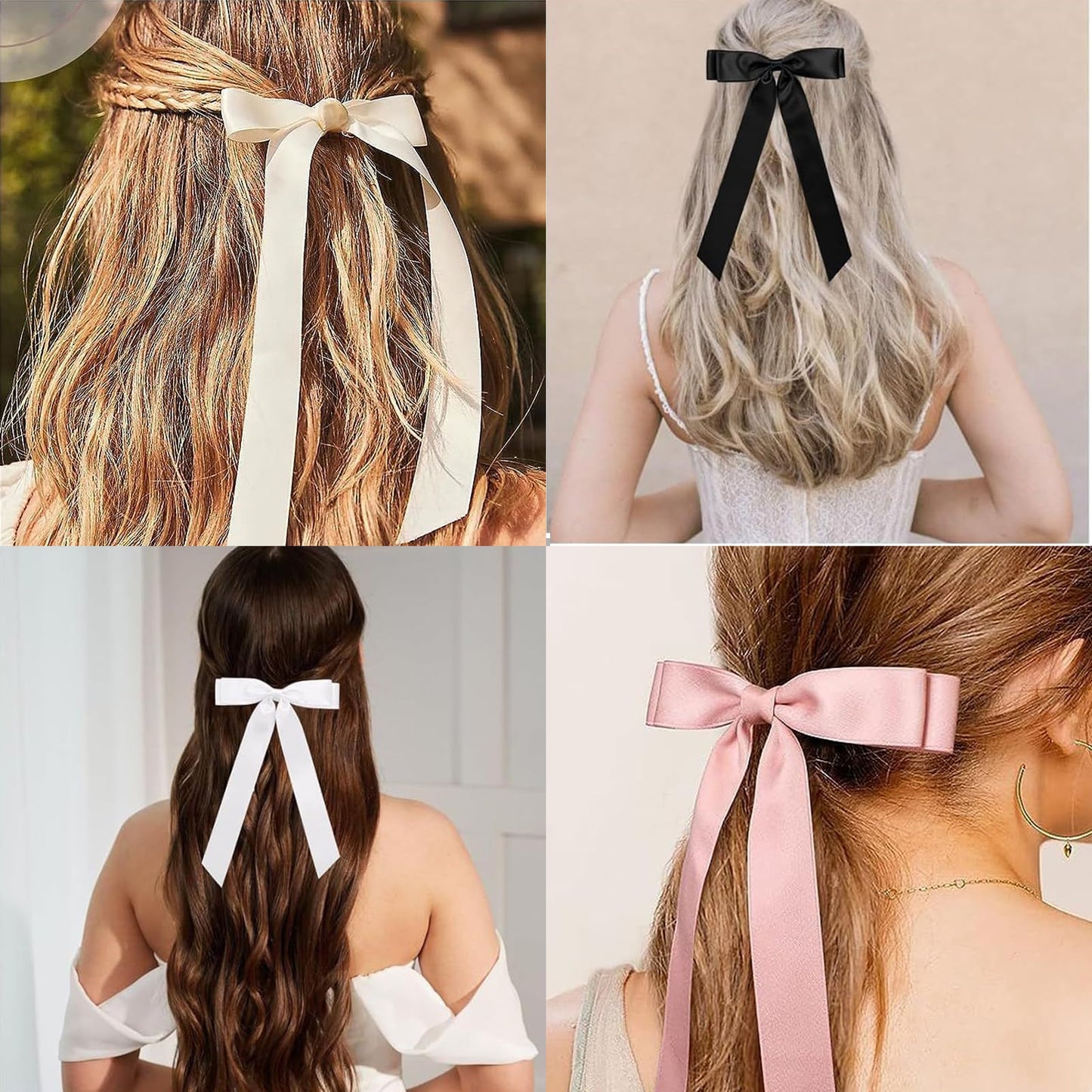 Hair Bow Clips 4 Pcs, Women Silky Satin Hair Bowknot Clips Hairclips Double Ribbon Tassel Ponytail Holder Accessories, Hair Bow Barrettes Clips for Girls Toddlers Teens Kids Gifts, Black+Beige