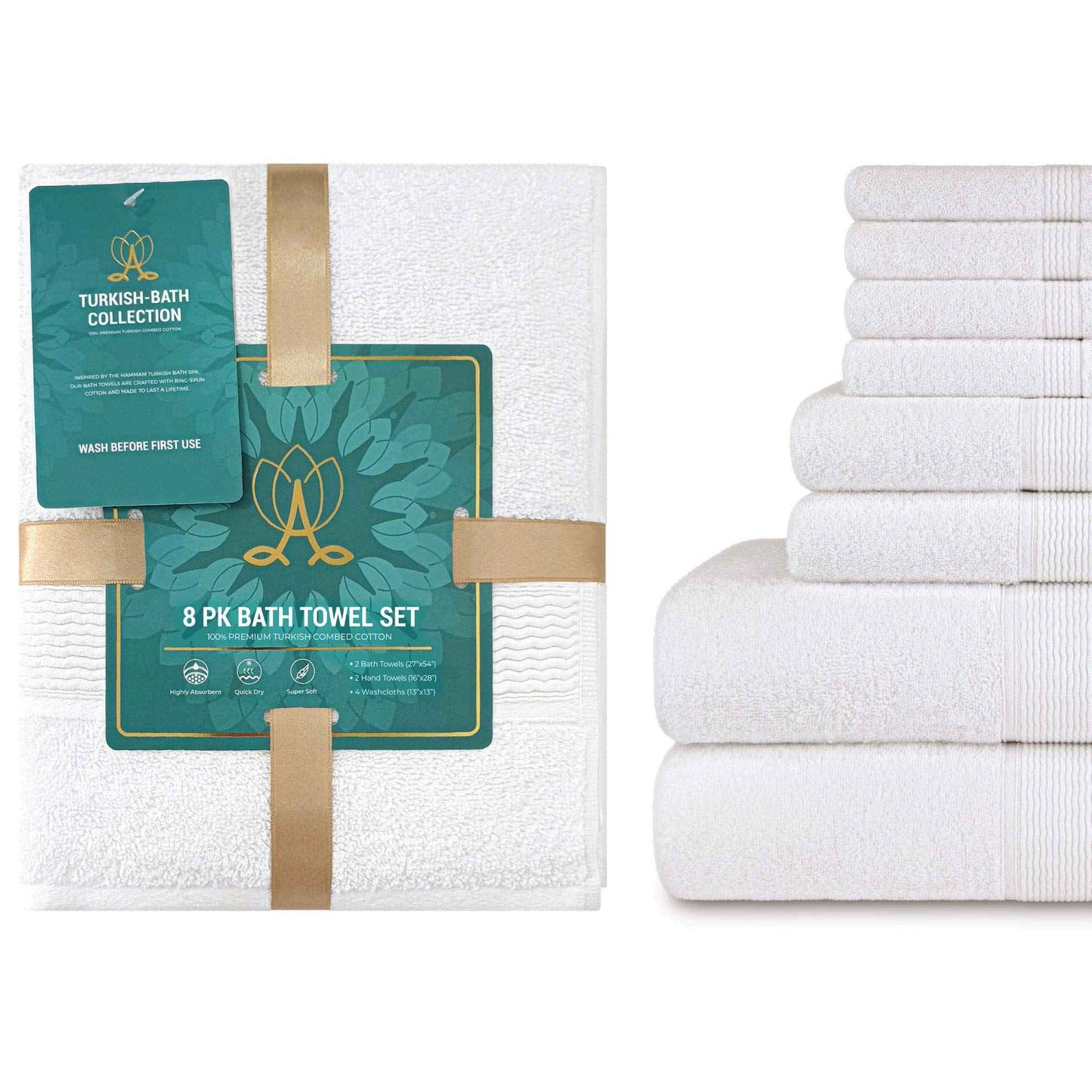 DecorRack 8-Piece Bath Towel Set, 4 Washcloths, 2 Bath Towels, and 2 Hand Towels, Premium Cotton, Highly Absorbent, Super Soft, Quick Dry, White (Set of 8)