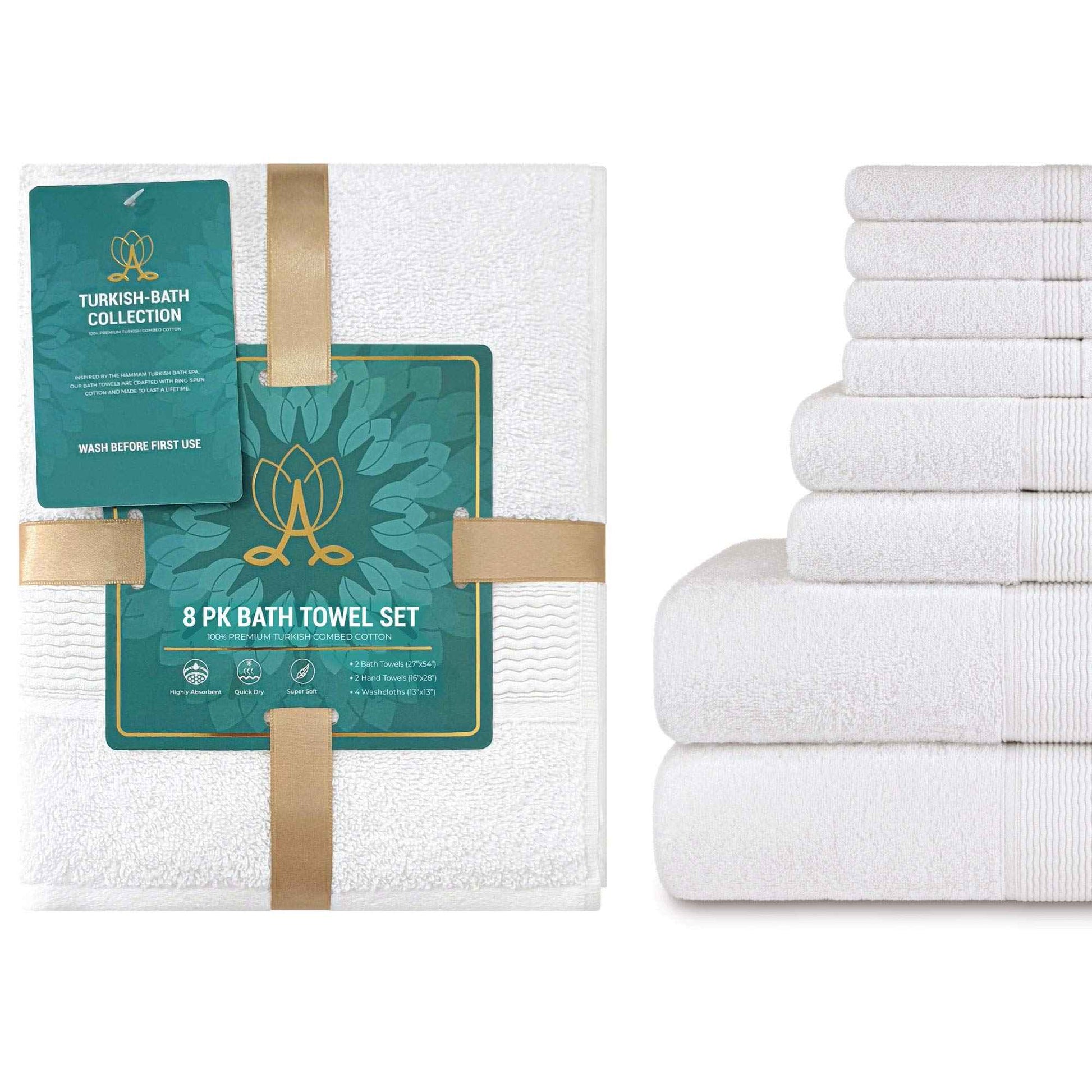 DecorRack 8-Piece Bath Towel Set, 4 Washcloths, 2 Bath Towels, and 2 Hand Towels, Premium Cotton, Highly Absorbent, Super Soft, Quick Dry, White (Set of 8)