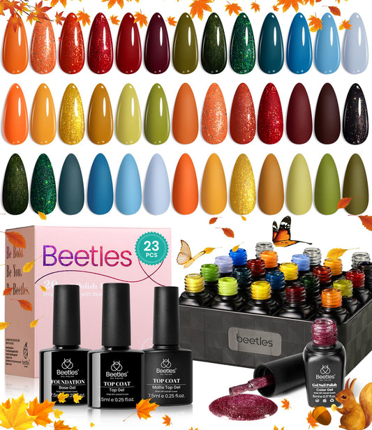 Beetles Fall Gel Nail Polish Set 20 Colors Nail Gel Polish Blue Red Brown Black Yellow Orange Green Gel Nail Polish Kit with Glossy Matte Gel Top Base Coat Soak Off Uv Gel Nail Lamp Gift for Women