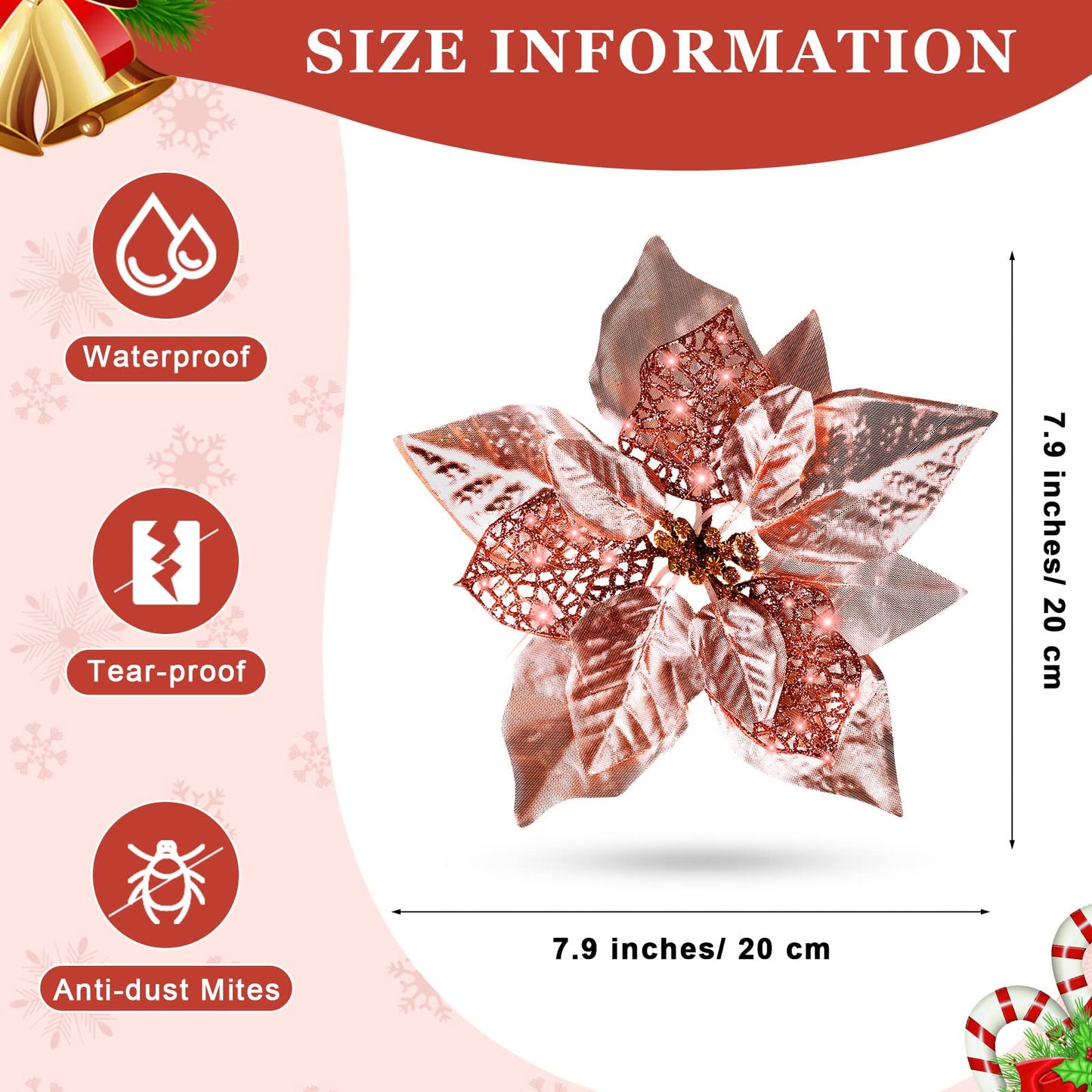 30 Pieces 8 Inches Large Christmas Artificial Poinsettia Flower Christmas Tree Glitter Faux Flowers Floral Wreath Garland Xmas Tree Ornaments for Wedding Holiday Wreath DIY (Rose Gold)