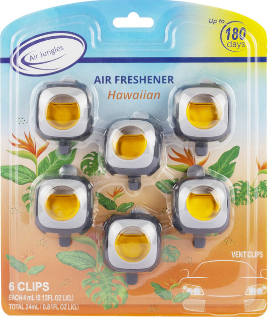 Air Jungles Hawaiian Scent Car Air Freshener Clip, 6 Car Freshener Vent Clips, 4 ml Each, Long Lasting Air Freshener for Car, Up to 180 Days Car Refresher Odor Eliminator