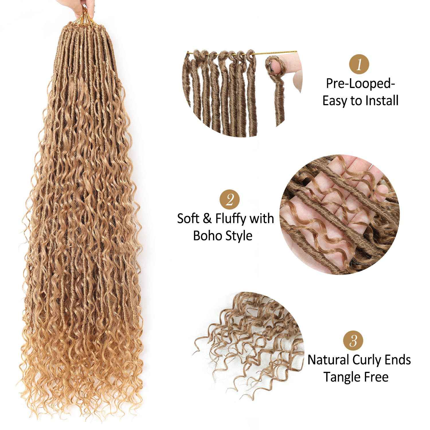 9 packs Boho Faux Locs Crochet Hair, 30 Inch, Honey Blonde Pre Looped Goddess Soft Locs Crochet Hair with Curly Ends, Bohemian River Locs for Black Women(27#, 30 Inch)