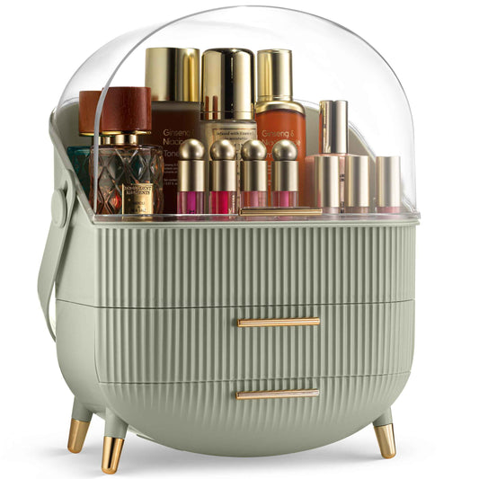 Covered Makeup Cosmetic Countertop - Large Cosmetic Organizer - Trendy Oval Shape Storage for Skin Care Organizer - Clear Lid, Storage Drawers, Carry Handle - Cute Stylish Decor Solution (Green)