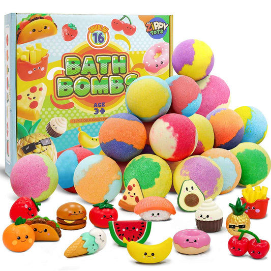 Zippytots Kids Bath Bombs with Food Toys Inside, 16 Pack Colorful Surprise Bath Fizzies Set, Organic Fizzy Bubble Bath Bombs for Girls & Boys, Ages 3+