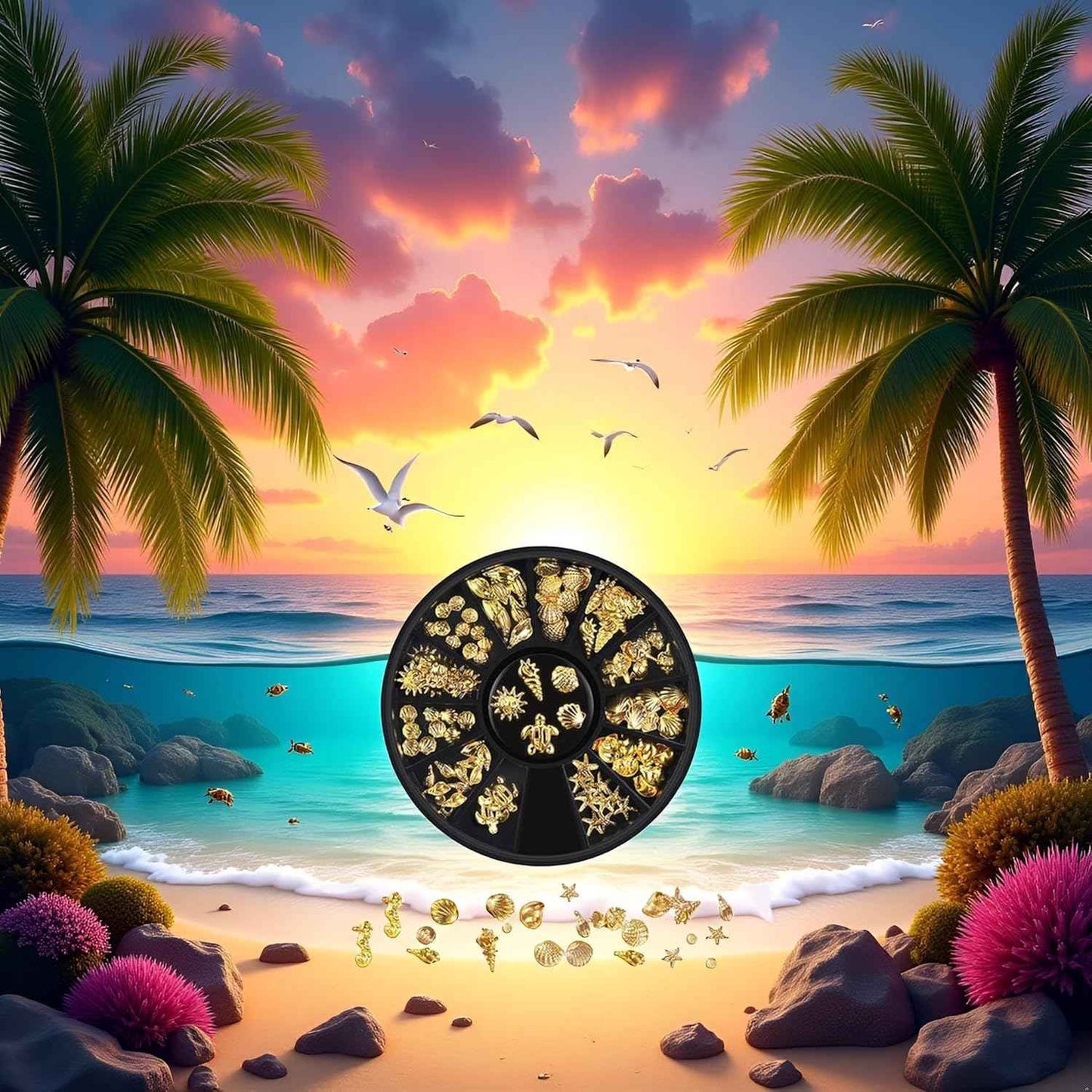 12 Styles Golds Nail Art Metal Studs Metallic 3D Pieces Rivet Palm Tree Turtles Marine Life Charms for Summer Beach Manicure DIY Acrylic Nails Design Supply Nail Art and Polish (Gold Ocean Studs)