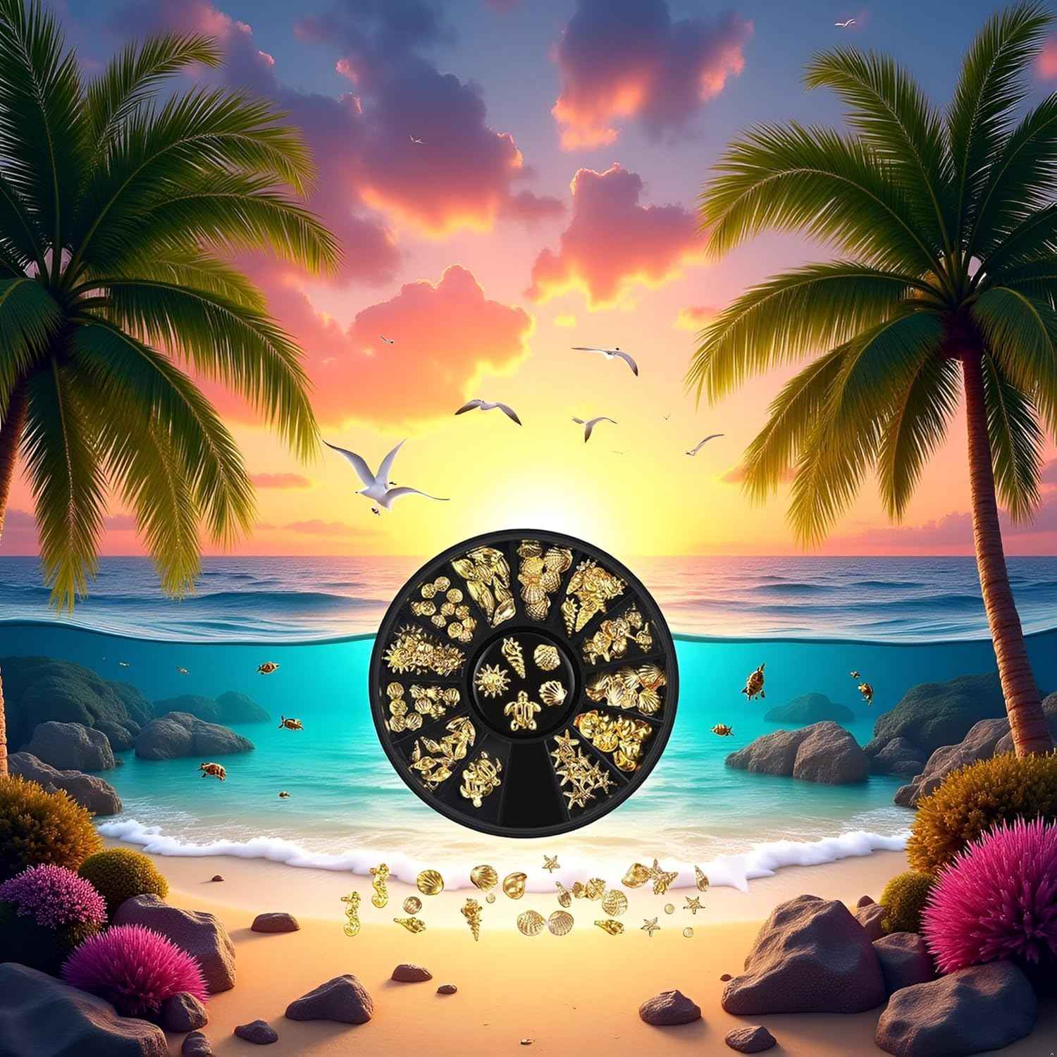 12 Styles Golds Nail Art Metal Studs Metallic 3D Pieces Rivet Palm Tree Turtles Marine Life Charms for Summer Beach Manicure DIY Acrylic Nails Design Supply Nail Art and Polish (Gold Ocean Studs)