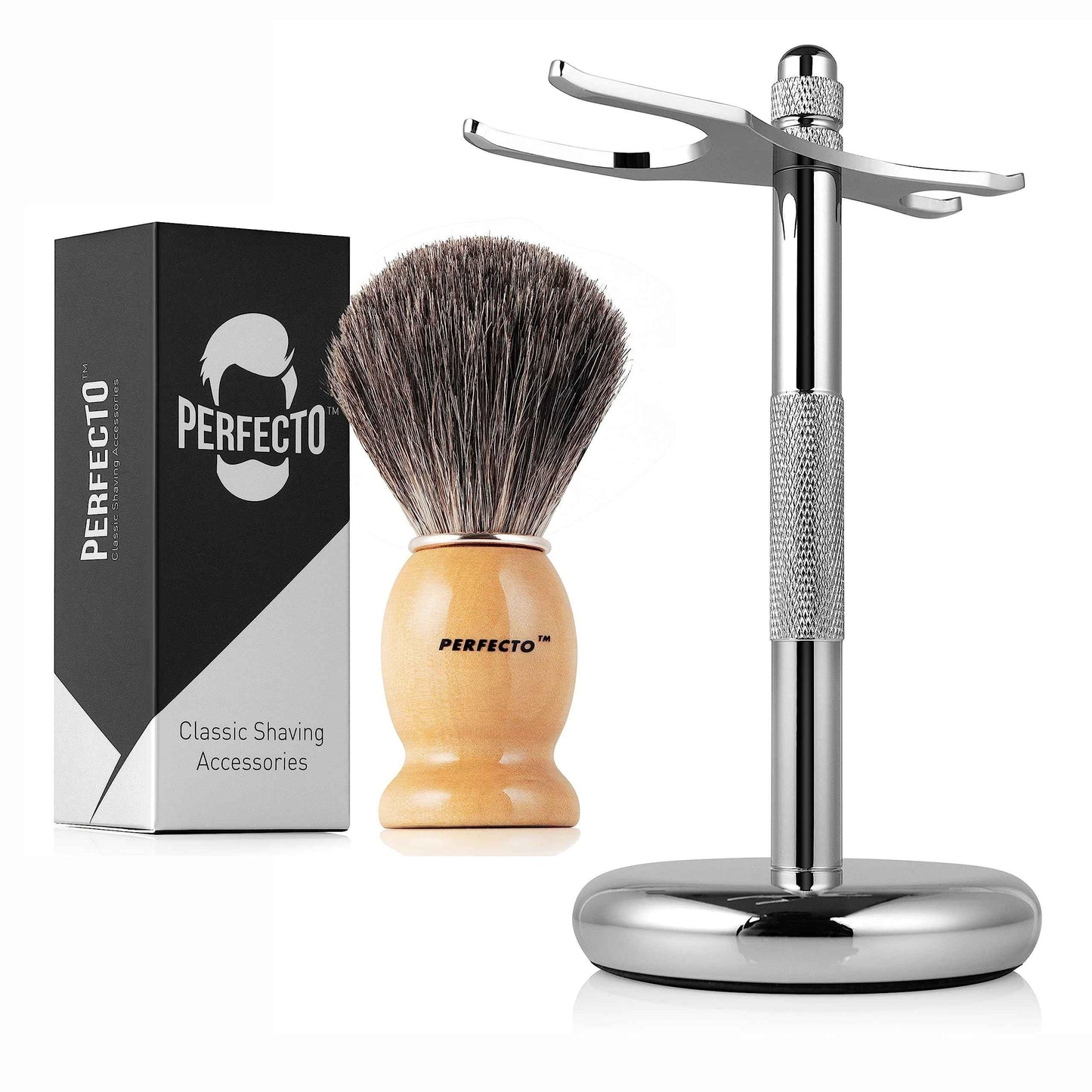 Perfecto Brown Shaver Brush + Chrome Stand Bundle