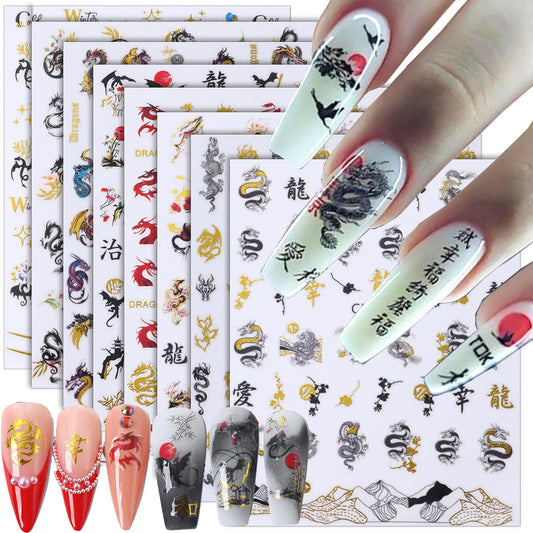 3D Gold Black Dragon Nail Stickers for Nail Art Chinese New Year Dragon Nail Art Stickers for Nail Designs Dragon Nail Decals Flying Dragons Nails Stickers Manicure Design Stickers for Nails Supply