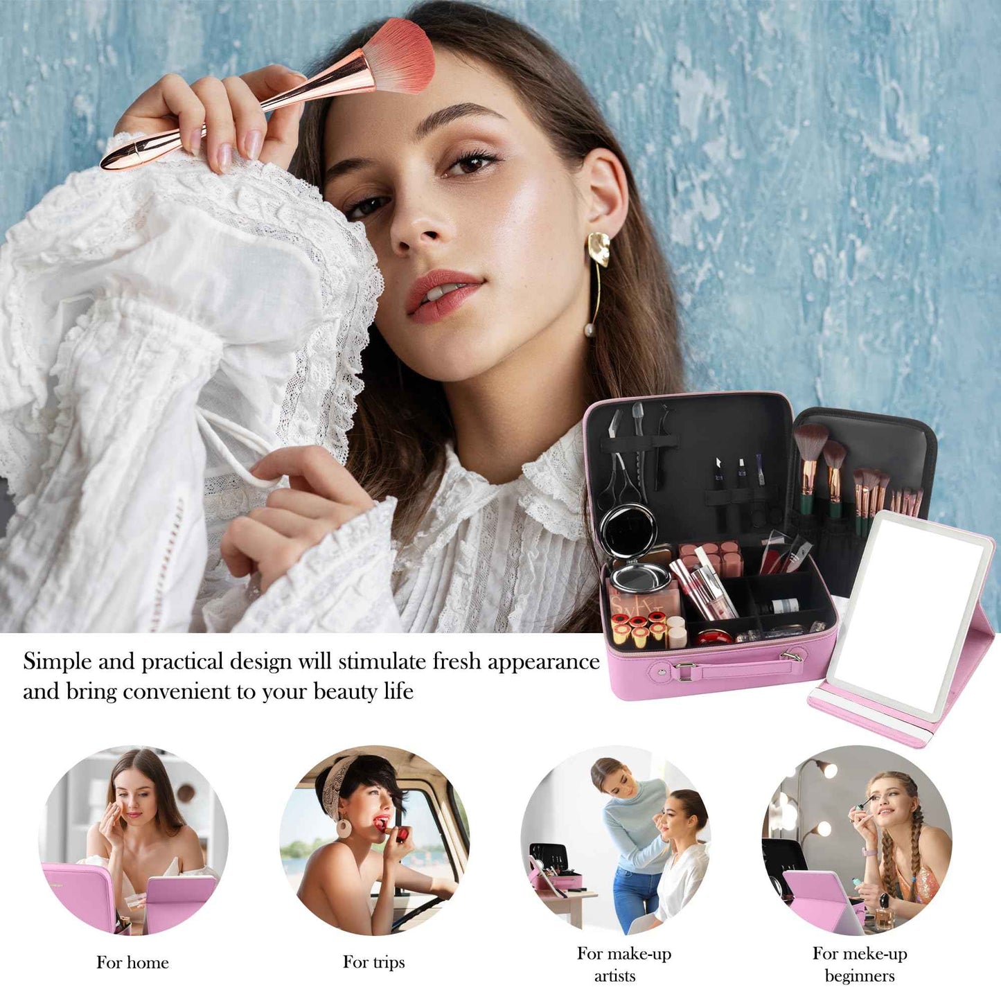 WangSelect Travel Makeup Bag with Light-up Mirror Portable Cosmetic Organizer Train Case with Adjustable Dividers & Brushes Holder &1X/10X Magnifying Compact Mirror & Eyebrow Trimmer- Pink