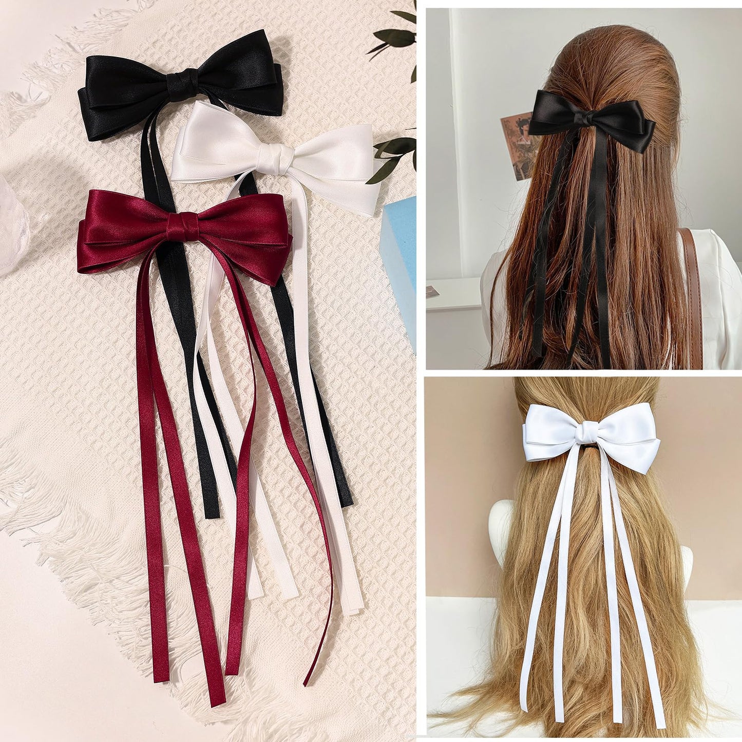 XFYUZR 3PCS Hair Bow for Women, Silky Satin Bows Metal Clip, Ribbon Hair Clips Bowknot With Long Tail, Tassle Bows Hair Barrettes Hair Accessories for Women Girls (black white burgundy)