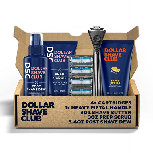 Dollar Shave Club | The Total Package Gift Set | 4 Extra Close Refill Cartridges, 1 Heavy Metal Handle, 1 Prep Scrub 3 ounce, 1 Shave Butter 3 ounce, 1 Post Shave Dew 3.4 ounce