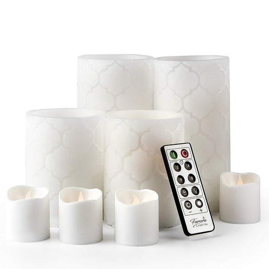 FURORA LIGHTING LED Flameless Candles with Remote Control, Set of 8, Real Wax Battery Operated Pillars and Votives LED Candles with Flickering Flame and Timer Featured - White Nordic Collection