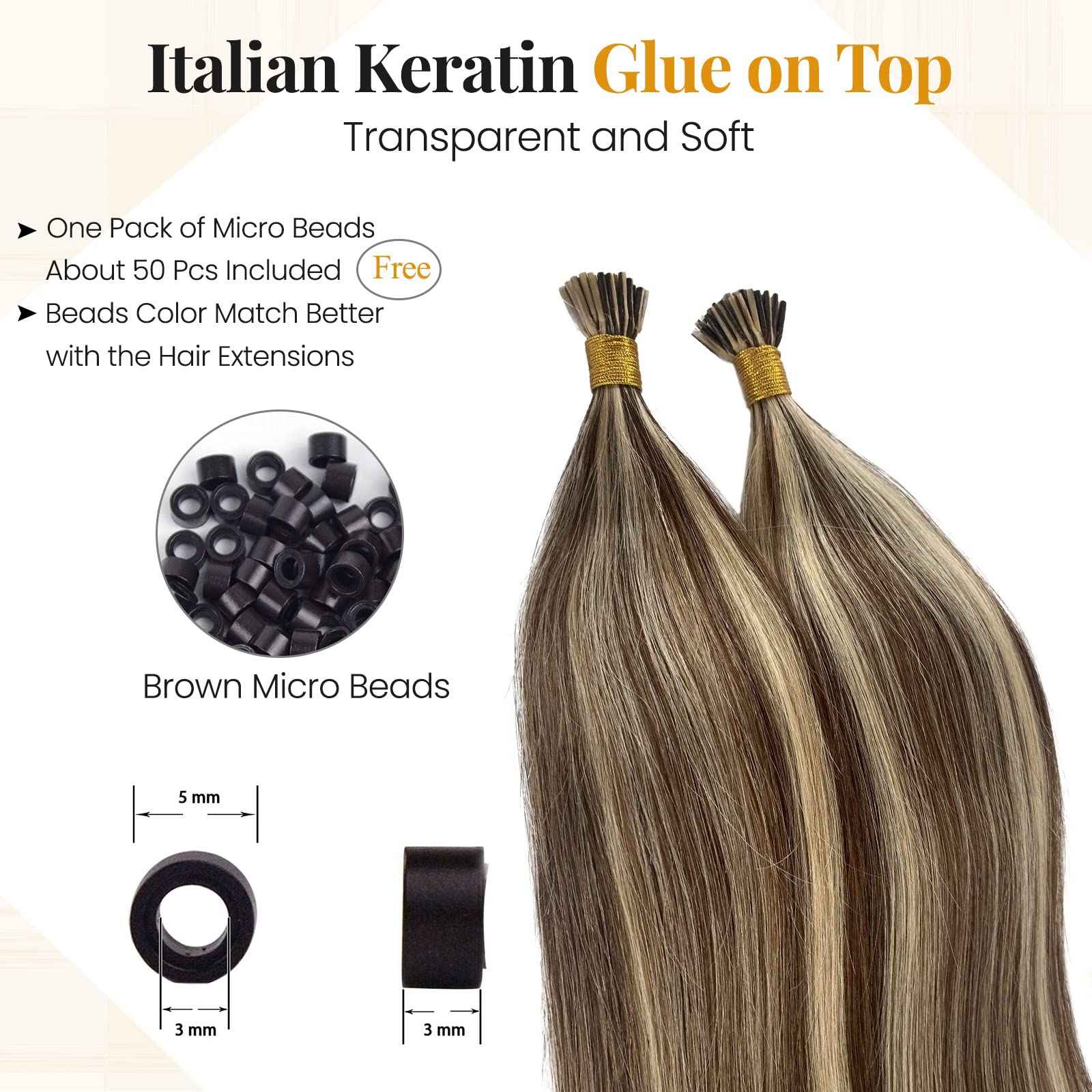 Blonde Highlights I Tip Hair Extensions 50s 50g Pre Bonded Keratin Fusion Itips Hair Extensions #4/613 Medium Brown Mixed Bleach Blonde I Tip Human Hair Extensions 22 Inch