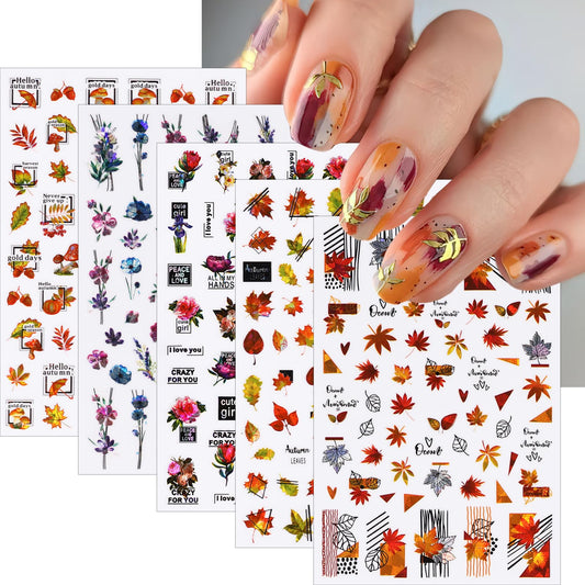 5 Sheets Fall Nail Art Stickers Laser Maple Leaf Nail Decals 3D Self-Adhesive Autumn Leaves Nail Supplies Holographic Thanksgiving Shining Decals for Nails Autumn DIY Manicure Decoration Accessories