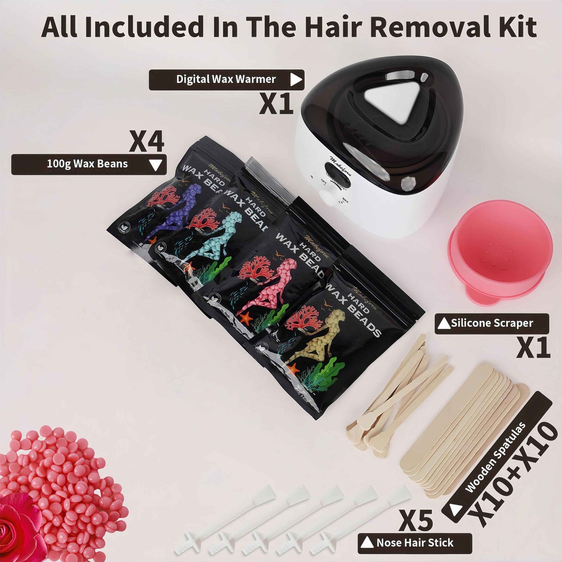 Makeforu Brazilian Waxing Kit - Bikini & Full Body Hair Removal with Digital Warmer, 4 Scented Wax Beads & 27 Silicone Tools - Home Waxing for Women & Men, Face & Body Care (White)