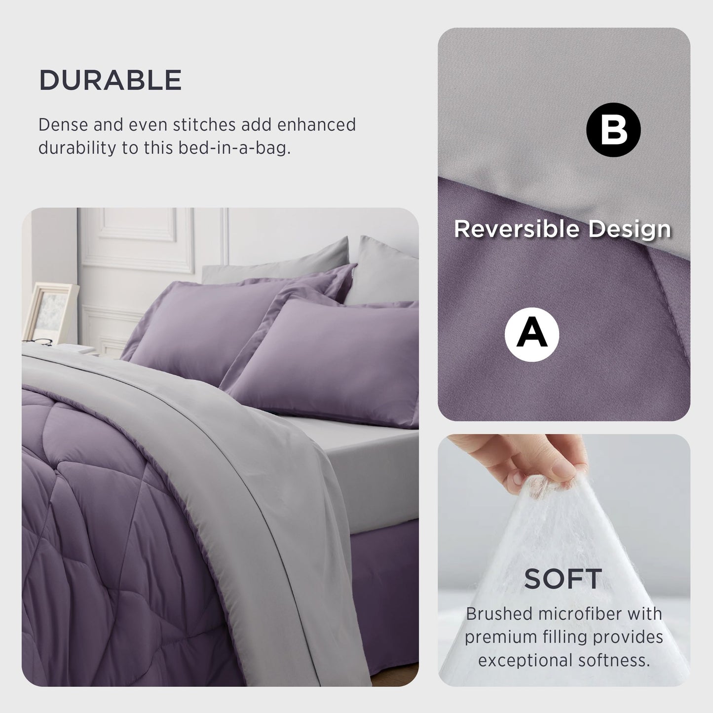 Bedsure Grayish Purple Twin Comforter Set - 5 Pieces Reversible Twin Bed in a Bag, Extra Long Twin Bed Set Grayish Purple and Grey with Comforters, Sheets, Pillowcase & Sham