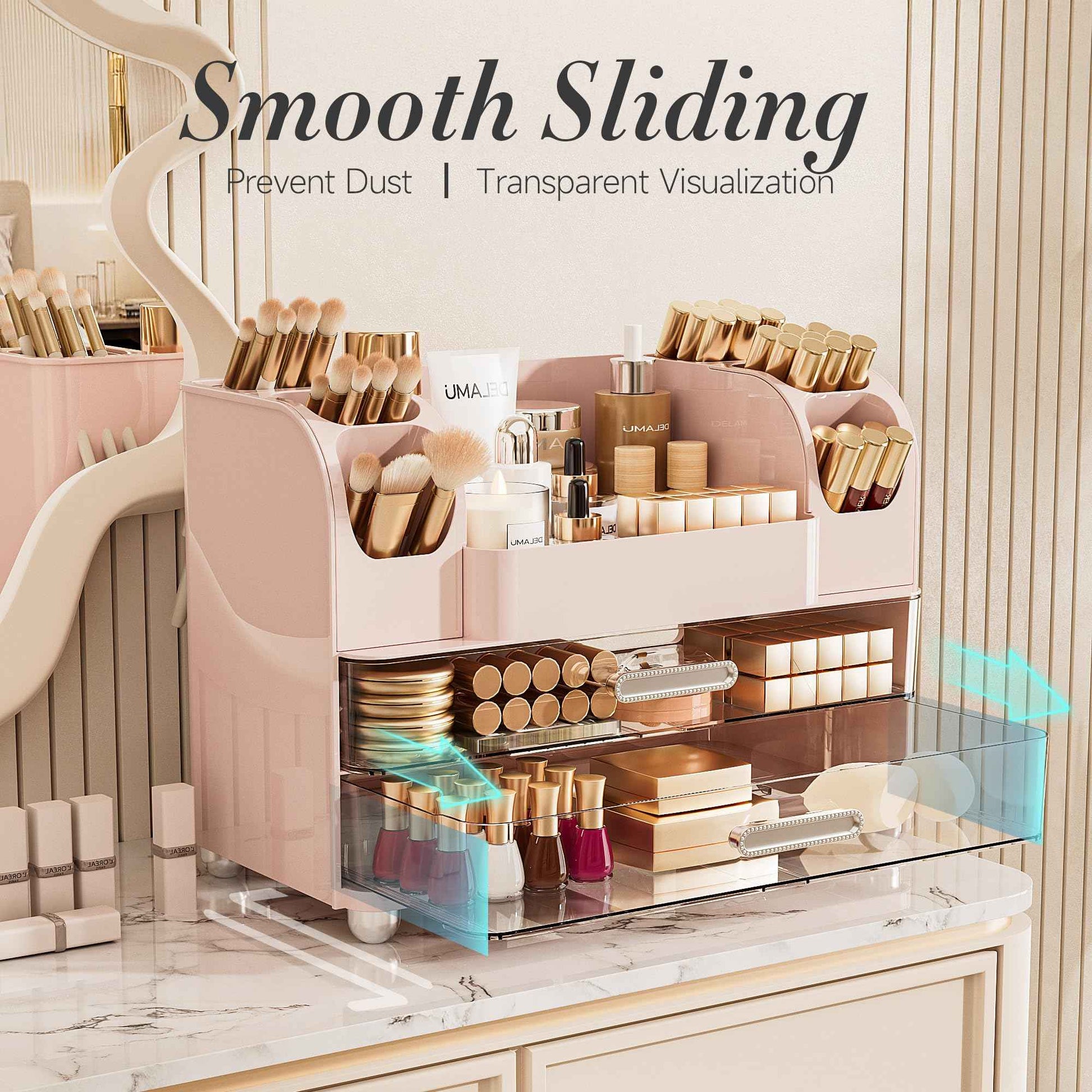Delamu Makeup Organizer Countertop with 6 Brush Holder, Bathroom Countertop Organizer with 2 Large Drawers, Cosmetic Display Case for Vanity, Ideal Christmas Gifts for Women Girls, Pink