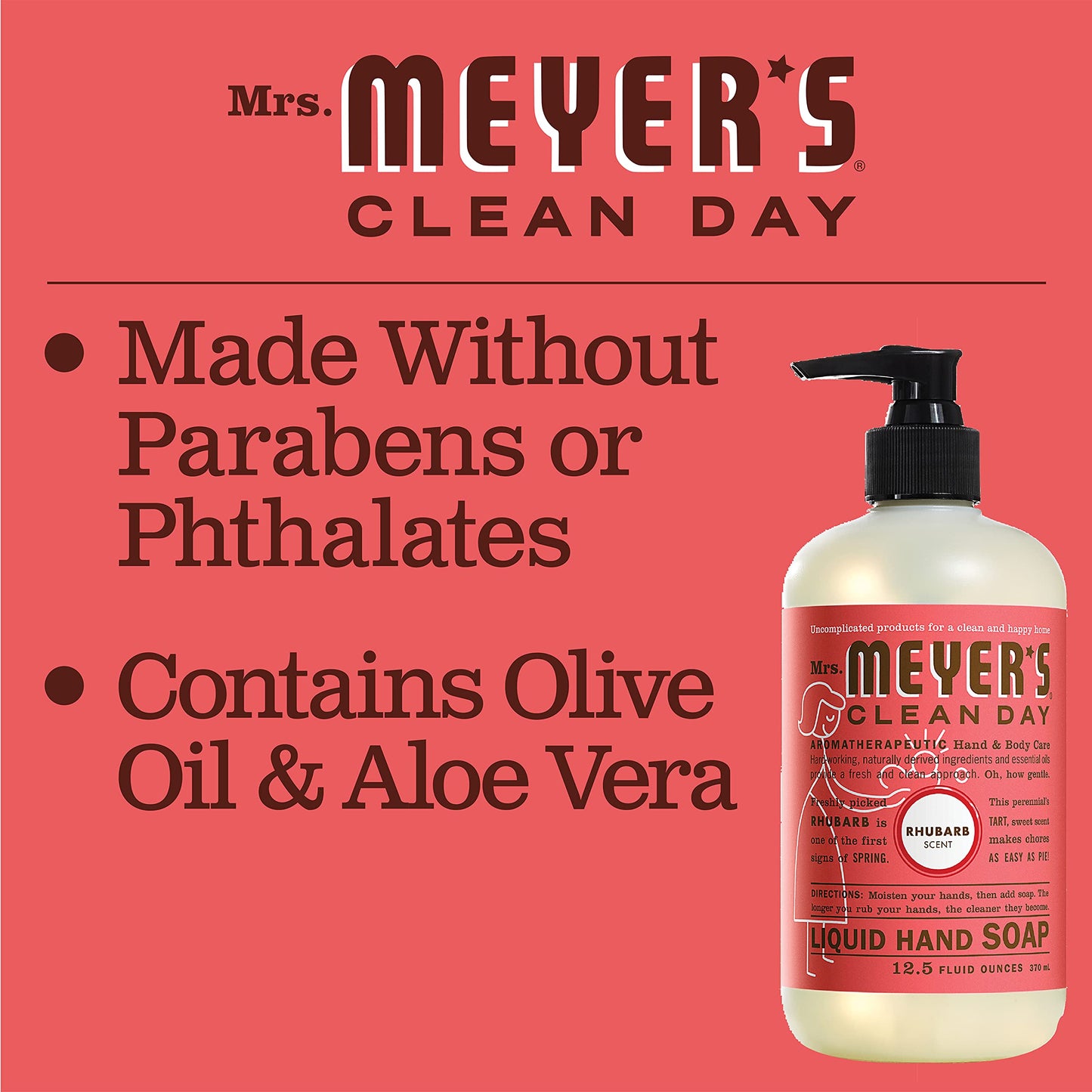 MRS. MEYER'S CLEAN DAY Hand Soap, Made with Essential Oils, Biodegradable Formula, Rhubarb, 12.5 Fl. Oz - Pack of 3