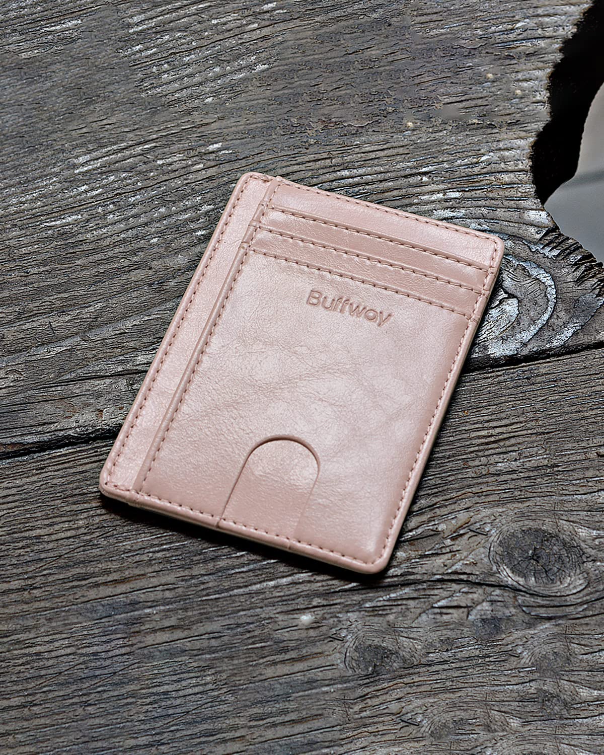 Buffway Slim Minimalist Front Pocket RFID Blocking Leather Wallets for Men and Women - Alaska Pink