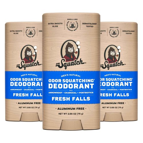 Dr. Squatch Natural Deodorant for Men - Odor-Squatching Aluminum Free - Fresh Falls (2.65 oz, 3-Pack)