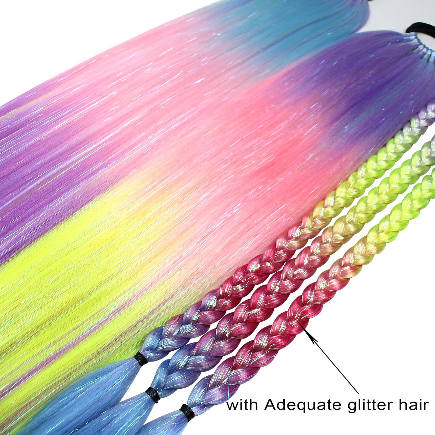 Accrue Colored Hair Extensions for Kids, 26 inch Ponytail Extension With Hair Tie, Ombre Braid Ponytail with Tinsel for Braids Rainbow Festival Party Rave Crazy Hair Day(26" Blue/Pink/Purple#3-2)