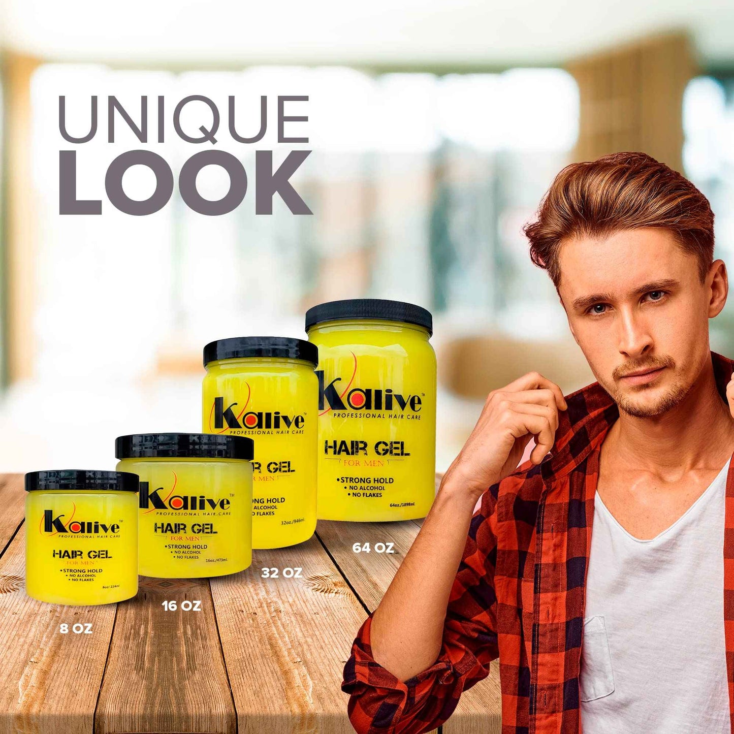 KALIVE Men's Hair Styling Gel 64 oz, Strong-Hold and Light Shine all day, Mens Hair Product fresh scent No Flaking or Alcohol