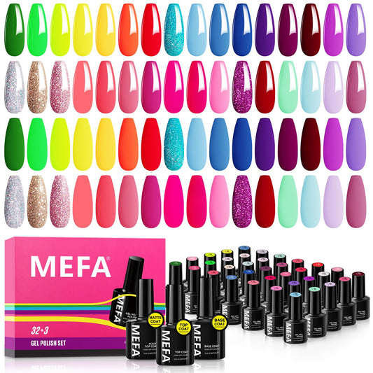 MEFA 35 Pcs Gel Nail Polish Set, 32 Colors Summer Neon Rainbow Bright Gel Nail Polish Kit with Base Coat No Wipe Glossy & Matte Top Coat Yellow Hot Pink Nail Art Manicure DIY Salon Home Gift for Women