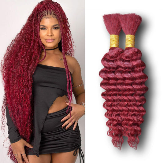 Eileen 14 Inch 100g 2 Bundles Deep Wave Bulk Human Hair for Braiding Curly Human Hair for Boho Braids Water Wet and Wavy Curls Micro Braiding Hair Extensions Brazilian Virgin 99J Burgundy