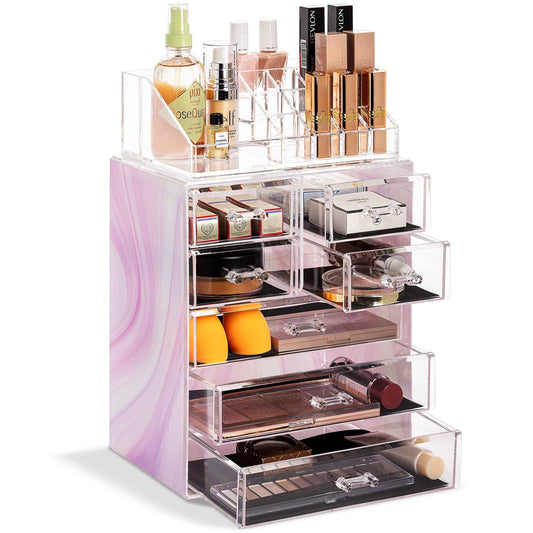 Sorbus Clear Cosmetic Makeup Organizer - Make Up & Jewelry Storage, Case & Display - Spacious Design - Great for Dresser, Bathroom, Vanity & Countertop (3 Large, 4 Small Drawers) [Tie Dye Print]