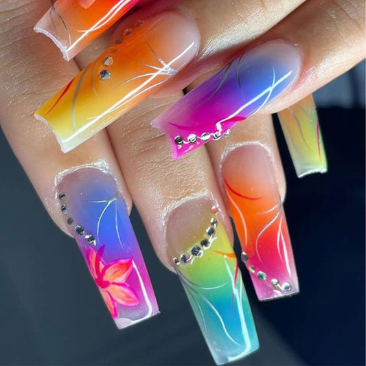 MERVF Coffin Press on Nails Long Fake Nails Press ons Ombre French Tip Glue on Nails with Flower Design Colorful Gradient Ballerina Rhinestones Acrylic False Nails Glossy 24pcs