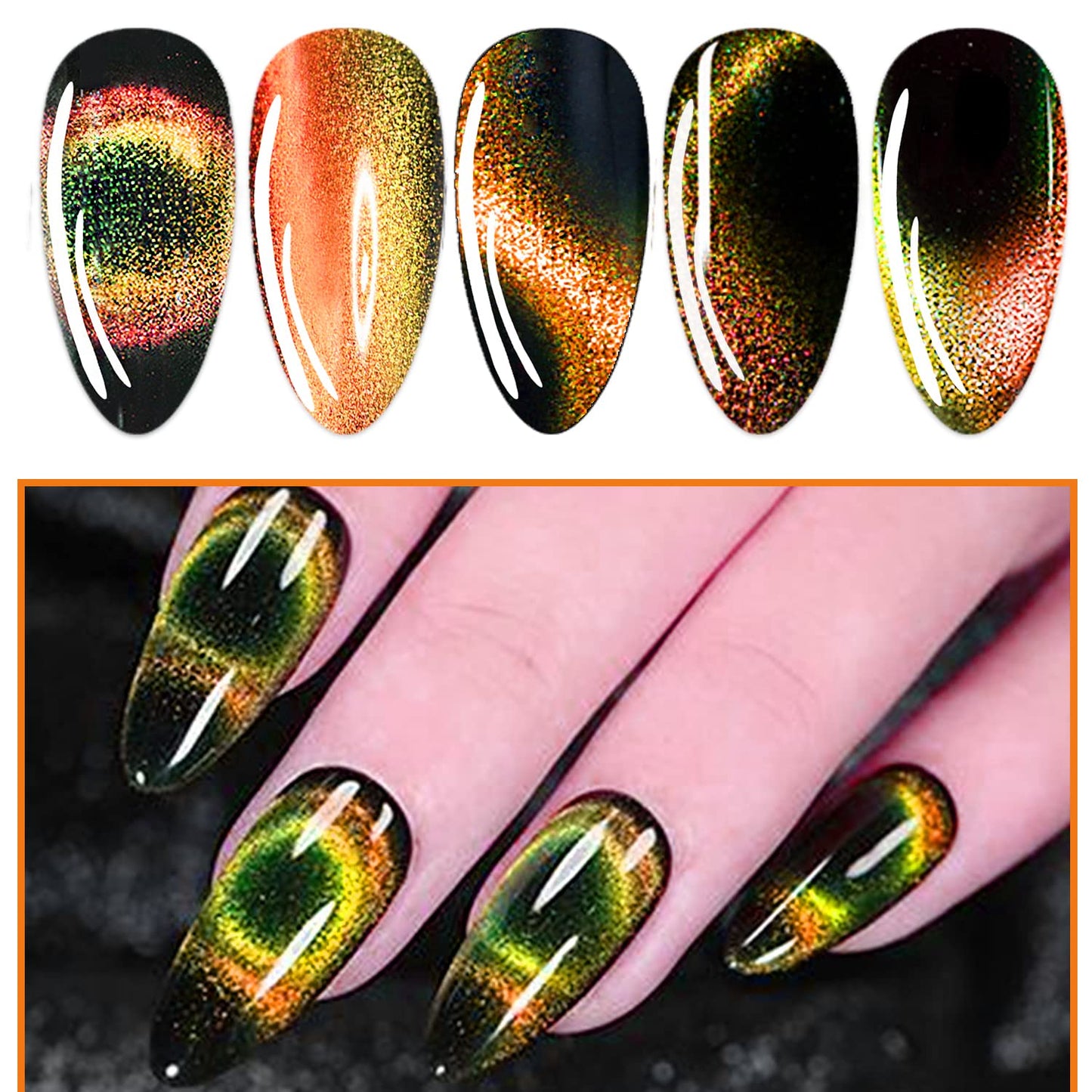 AHAMIOU 9D Cat Eye Gel Nail Polish Magnetic Nail Polish Holographic Cats Eyes Gel Nail Polish Gel with Chameleon Magic Effect with Magnet Stick (Orange&Yellow)