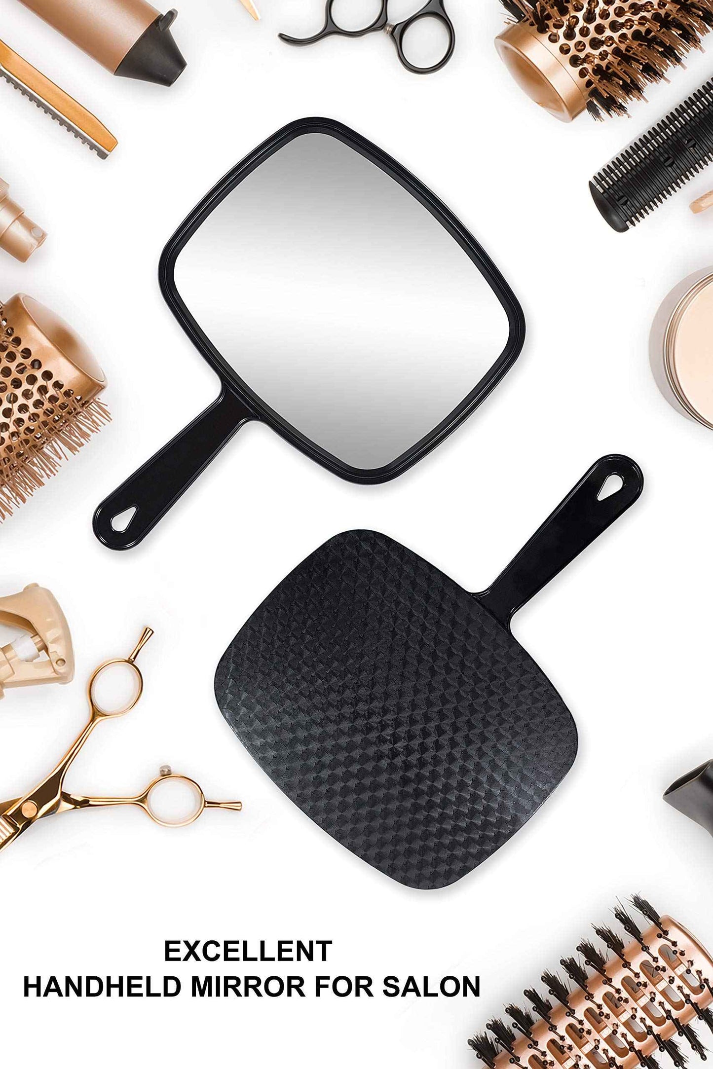 MIRRORNOVA Hand Mirror, Barber Hairdressing Handheld Mirror with Handle for Salon, Square, Black, Medium,Pack of 3