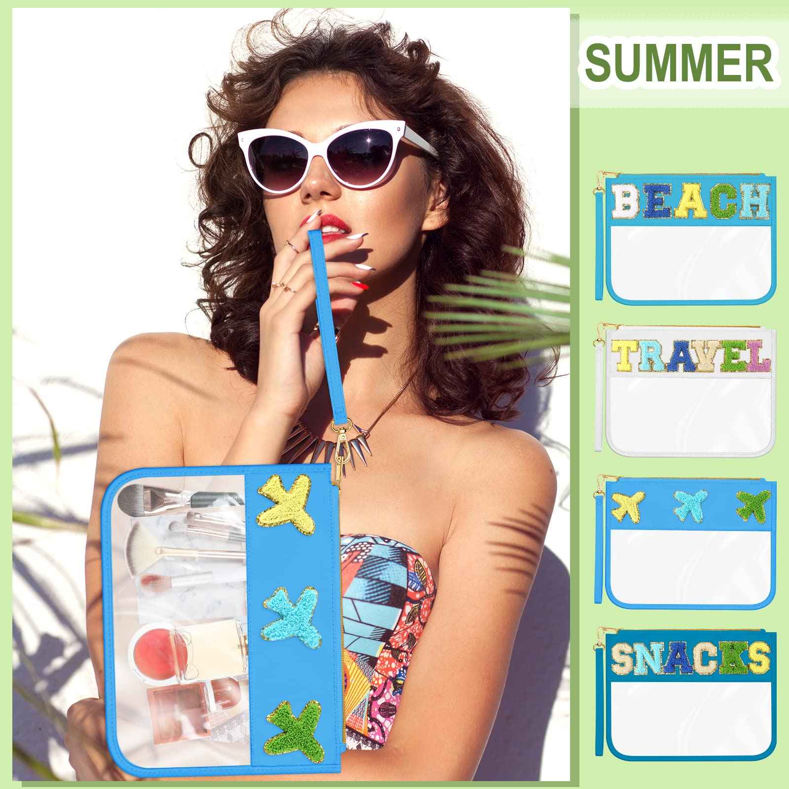 Remerry 4 Pack Clear Chenille Letter Bag Monogram Cosmetic Makeup Bag Travel Snack Beach Stuff Patch Pouch Preppy Accessories for Women Girls(Blue Green Series, Stylish)