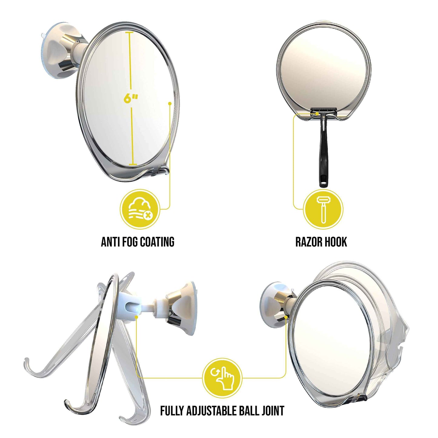 Luxo Shower Mirror, Shaving Mirror with a Razor Holder for Shower and Powerful Suction Cup - Shatterproof Shower Mirror fogless for Shaving, fogless Mirror for Shower and Tweezers