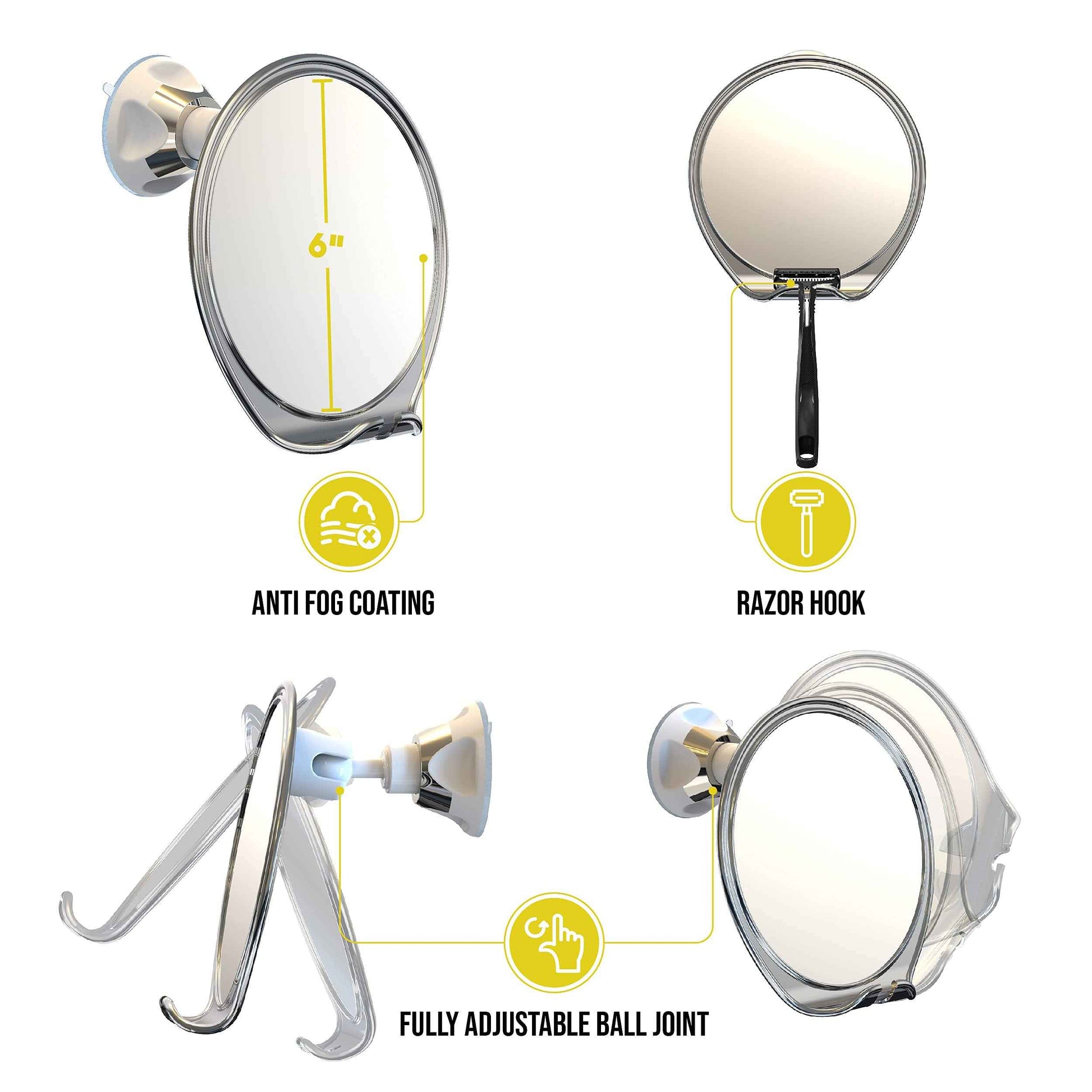 Luxo Shower Mirror, Shaving Mirror with a Razor Holder for Shower and Powerful Suction Cup - Shatterproof Shower Mirror fogless for Shaving, fogless Mirror for Shower and Tweezers