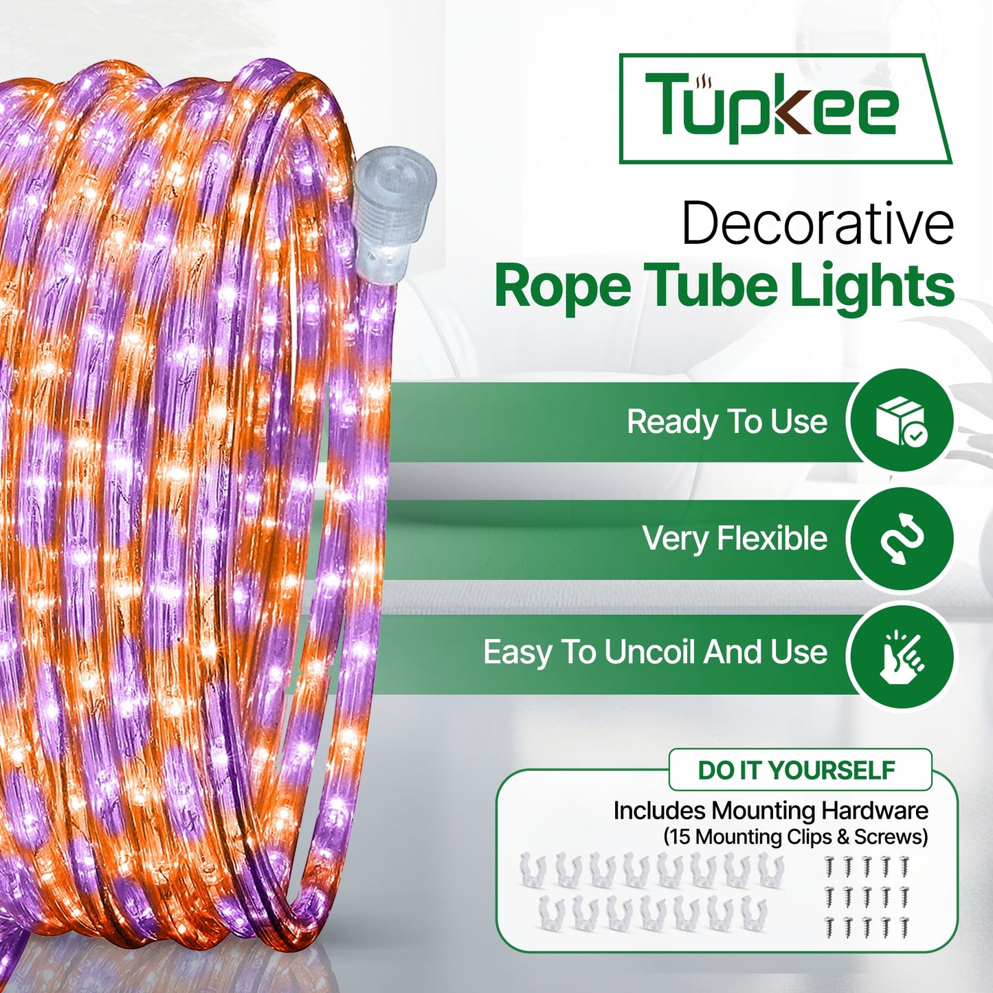 Tupkee LED Rope Light Orange & Purple - 24 Feet (7.3 m), for Indoor and Outdoor use - 10MM Diameter - 144 LED Long Life Bulbs Halloween Decorative Rope Tube Lights