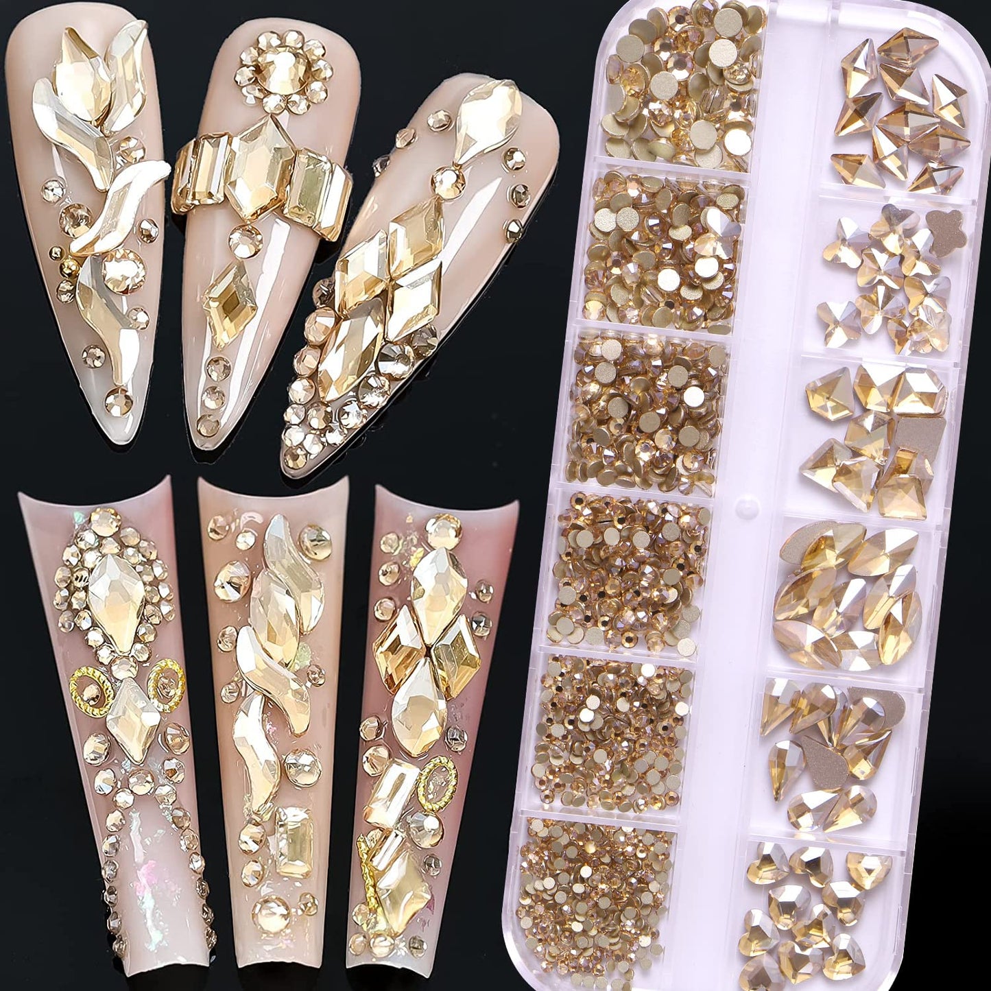 NAISKA 810Pcs Champagne Gold Crystal Nail Arts Rhinestones Round Beads Flatback Glass Gems Stones Multi Shapes Sizes Rhinestones Nail Crystals for Nail DIY Crafts