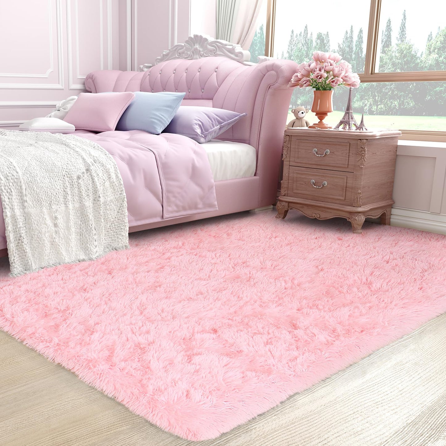 Ophanie 3x5 Pink Rug, Bedside Preppy Dorm Area Rug, College Essentials Non Slip Small Carpets for Bedroom, Anti Slip Fluffy Living Room Rugs Home Decor Aesthetic, Nursery