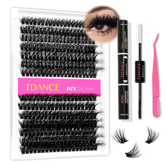 Fluffy Eyelash Extensions Kit With 280pcs Thick Cluster Lashes,60D 80D Individual Lashes, Lash Bond, Seal Glue, Applicator for Beginners(Kit-Fluffy-60D+80D-280PCS)