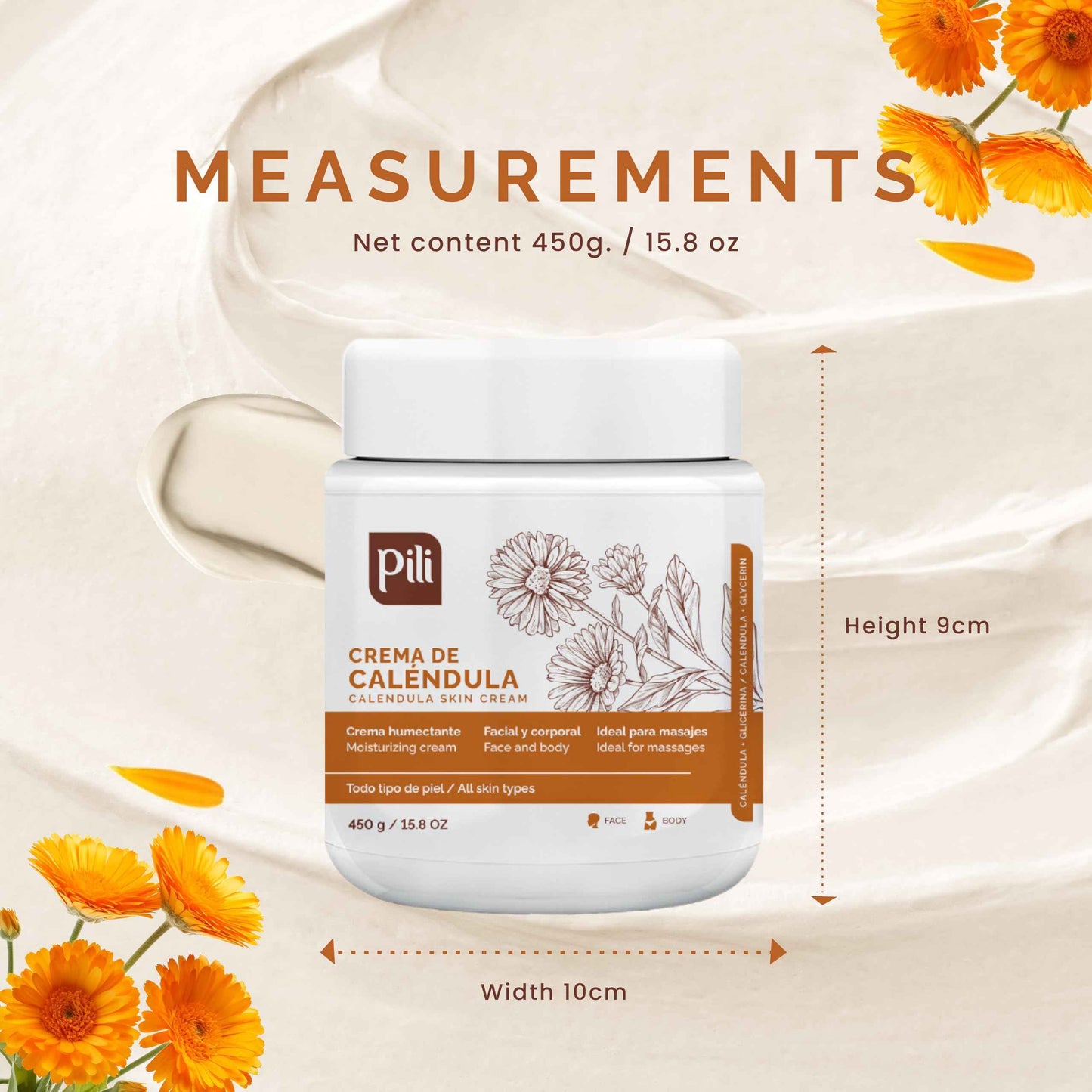 Pili Natural Calendula Cream - Moisturizing Cream for Rough, Dry, or Chapped Skin (15 oz)